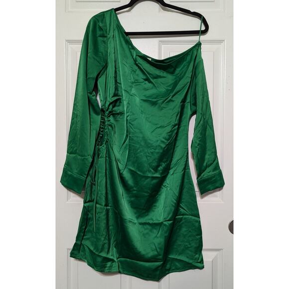 Leyden Satin Mini Dress Womens Size Large / L Side Tie Cutout Long Sleeve Green - Picture 8 of 14